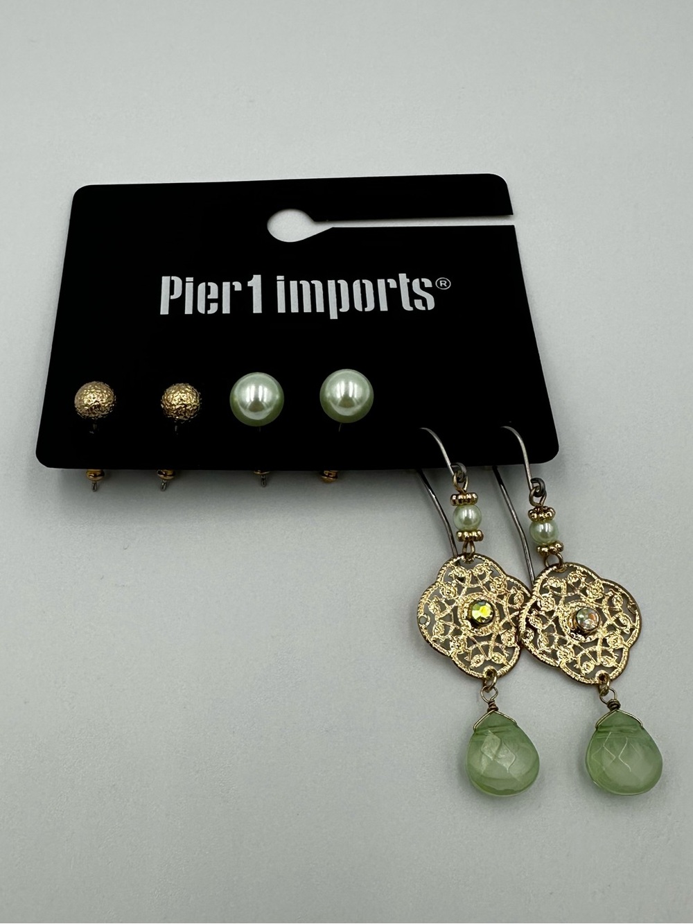 Pier 1 Imports Gold Tone and Light Green Filigree Drop and Stud Earring Set